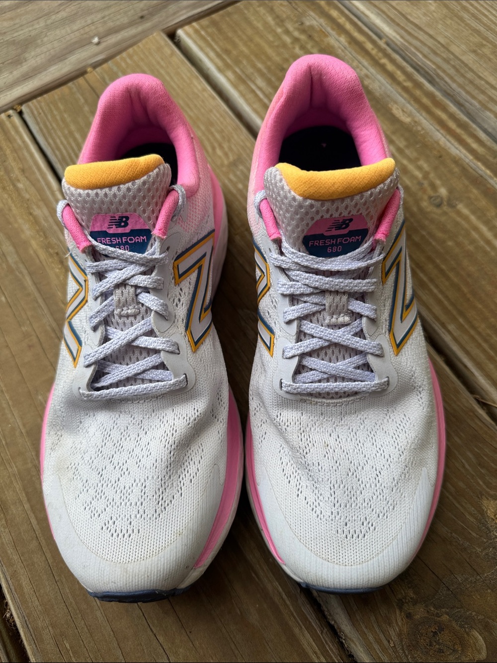 New Balance Women's White Running Shoes with Pink & Yellow Accents
